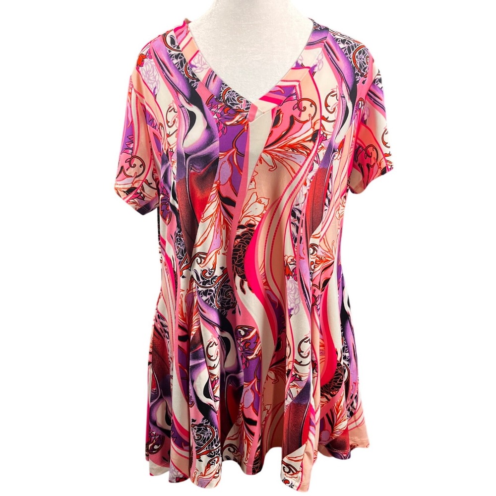 Pink Purple Abstract Print Tunic Top Attitudes by Renee Size L Petite Pristine